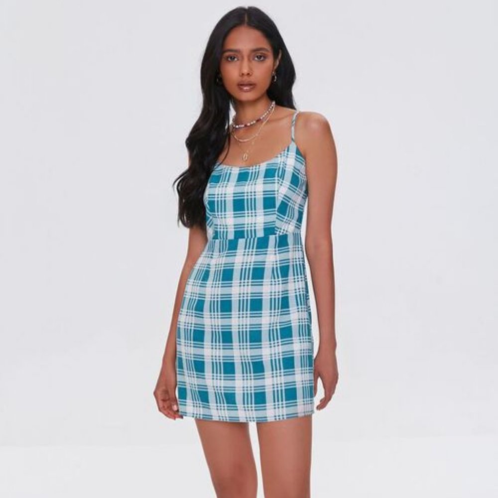 [NWT] Forever 21 Plaid Cami Mini Dress Teal & Cream Size Small